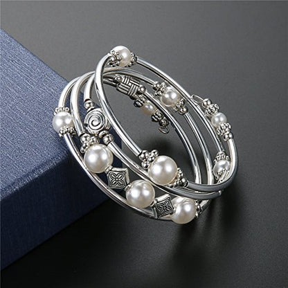 Beaded Pearl Bangle Wrap Bracelet - Fashion Bohemian Jewelry Multilayer Charm Bracelet with Thick Silver Metal Beads, Gift For Women - color: White