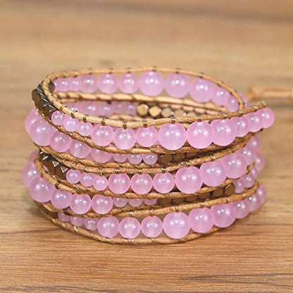 Boho Wrap Bead Bracelet for Women - Handmade Adjustable Natural Stone Beaded Bracelets Yoga Healing Bracelet Bangle Hippie Jewelry - color: Rose Quartz