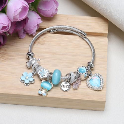 DS Charm Bracelets for girls,exquisite cute cartoon friendship bracelets Silver Stainless Steel Bangle with birthday Gift box, Adjustable girls jewelry Suitable for holiday gifts - style: Silver-blue bear