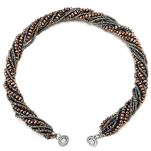 COOLSTEELANDBEYOND Multi-Layer Beads Crystal Braided Chain Choker Collar Magnetic Clasp,Statement Necklace, Bracelet - color: I-Necklace Brown 18K Gold-Plated Color