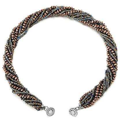 COOLSTEELANDBEYOND Multi-Layer Beads Crystal Braided Chain Choker Collar Magnetic Clasp,Statement Necklace, Bracelet - color: I-Necklace Brown 18K Gold-Plated Color