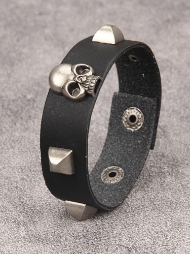 Jeilwiy Punk Leather Wristbands for Men Bracelets Handmade Wide Cuff Bangle Braided Jewelry Black Brown Adjustable - Punk Father's Gifts - color: Skull Metal Bracelet