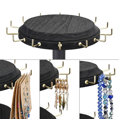 MOOCA 3-Tier Rotating Bracelet Display Stand with 42 Hooks, Jewelry Holder | 3-tier rotating wooden display with 42 hooks keeps bracelets, bangles, watches, and accessories organized and visible. - color: Black, Round Shape