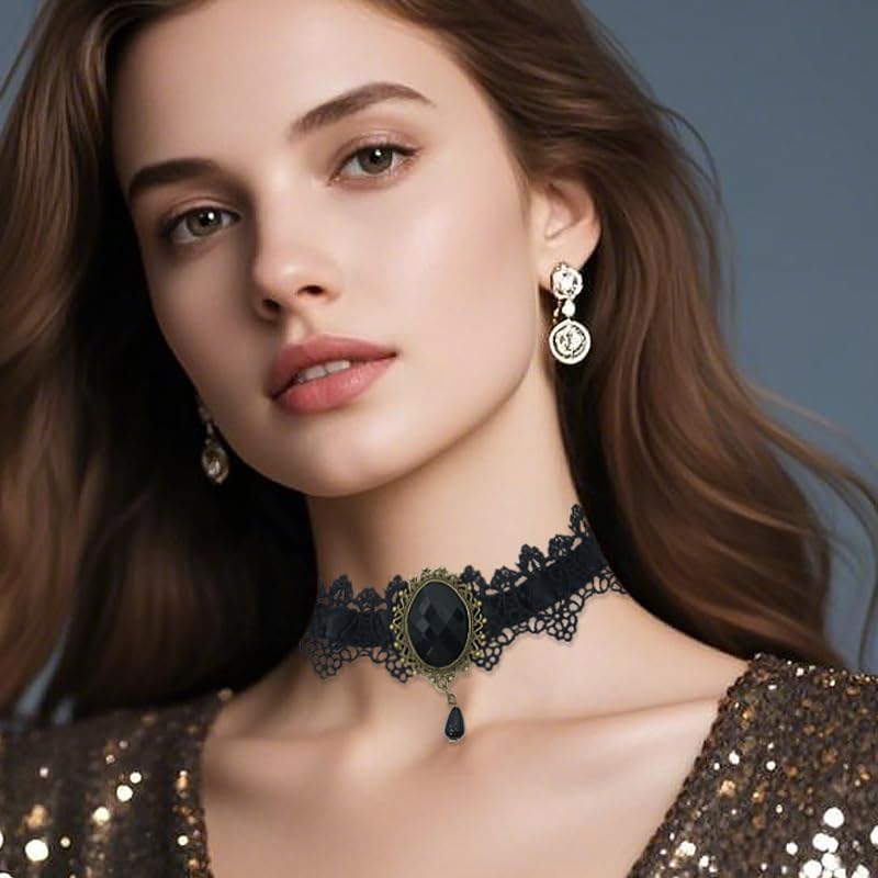 Gothic Lace Choker Vampire Necklace for Women,Black Lace Red Crystal Pendant Necklaces for Halloween,Goth Black Necklace Jewelry Witch Costume Vampire Accessories - style: BB
