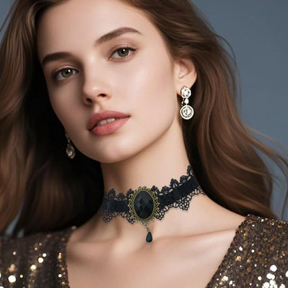 Gothic Lace Choker Vampire Necklace for Women,Black Lace Red Crystal Pendant Necklaces for Halloween,Goth Black Necklace Jewelry Witch Costume Vampire Accessories - style: BB