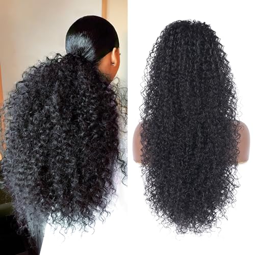 Alebery 27 Inch Drawstring Ponytail Extension for Black Women Deep Curly Ponytail Extension Synthetic Mixed with Human Hair Hairpieces Afro Kinky Curly Pony Tail for Daily Use (Black) - color: Black, size: 27 Inch