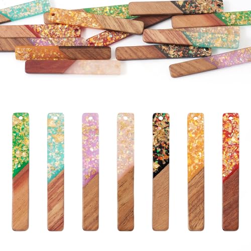 Beadthoven 14Pcs/7 Pairs Glittery Resin Wood Earrings Pendants, Iridescent Rectangle Bar Charms Wood Earrings Making kit Boho Vintage Wooden Earring Blanks Pieces for Jewelry Making DIY Crafts - color: Rectangle Bar
