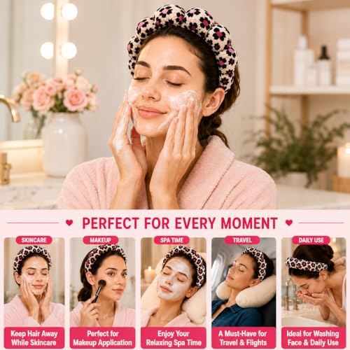 Leopard Spa Headbands for Women Teen Girls, Head Band for Washing your Face, Makeup Hair Band for Washing Face，Puffy Makeup Washing, Mask, Thick Padded Terry Cloth Hair Accessories (Classic & Pink)