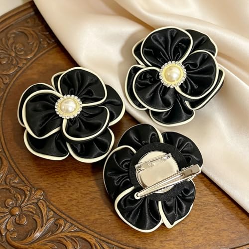Camellia Flower Brooch Pin for Women Black Flower Brooches Large Fabric Flowers Brooch for Women Dress Accessorie - color: Black Pearl flower