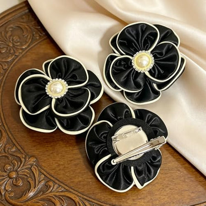 Camellia Flower Brooch Pin for Women Black Flower Brooches Large Fabric Flowers Brooch for Women Dress Accessorie - color: Black Pearl flower
