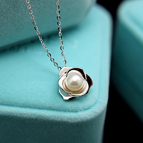 "Lovely Rose" High Polished 925 Sterling Silver Earrings with 7mm Natural Freshwater Pearl - style: Necklace pendant