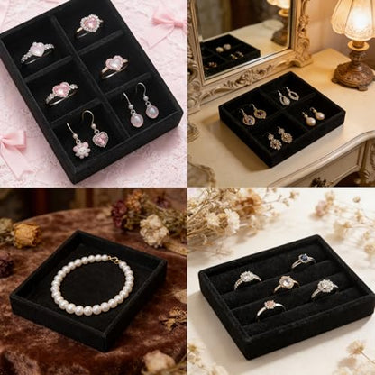Small Jewelry Tray Set 4 Pcs Black Velvet Stackable Jewelry Organizer Tray Mini Jewelry Drawer Organizer for Necklace Ring Earrings Jewelry (4 Styles) - color: Black