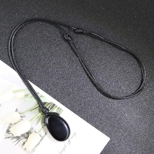 Natural Gemstone Pendant Necklace Healing Crystal Stone Choker Necklace Adjustable Waxed Black Rope for Men - color: Black Obsidian