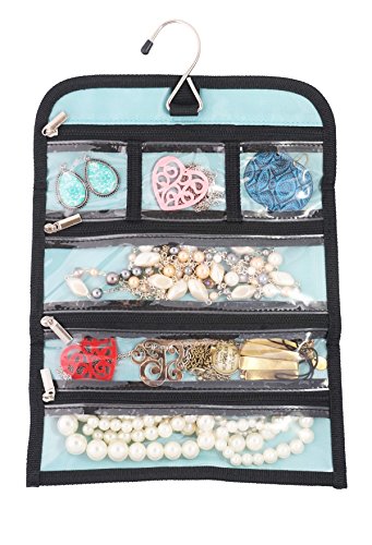 8" x 11" Hanging Travel Jewelry & Accessories Organizer Roll Bag (Black & White Paisley Print Exterior & Blue Interior)