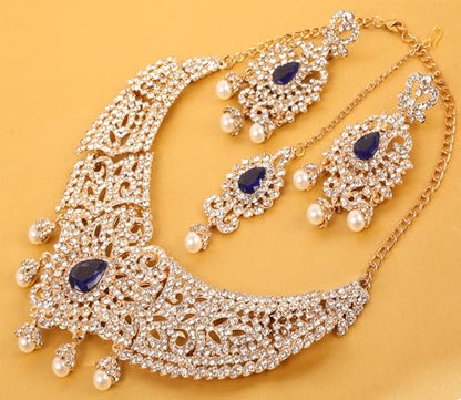 Touchstone Indian jewelry sets for women tikka wedding necklace costume guest statement bollywood rhinestones crystal faux pearls gold big royal neck piece set bridal fashion accessories - color: Blue in Center 2
