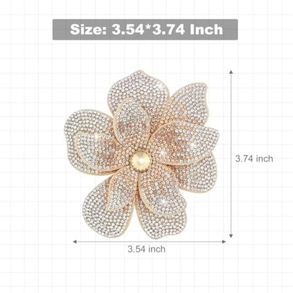 3.74 Inches Rhinestone Camellia Flower Brooch Pins & Hair Clips for Women Elegant Created Crystal Lapel Pin Brooches Wedding Party - color: Champagne & White