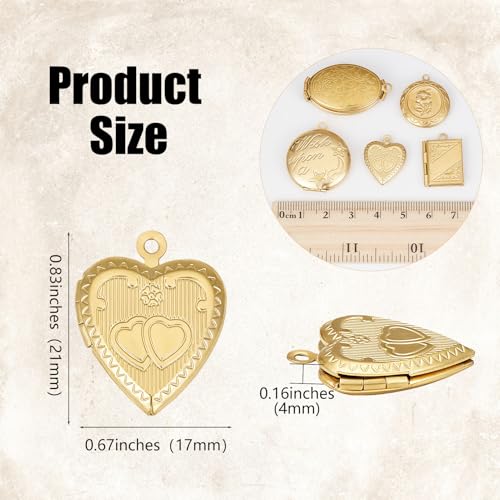 NICENEEDED 5 PCS 5 Style Copper Gold Locket Pendants, Small Heart Photo Frame Charms Metal Oval Memory Locket Charms, Square Picture Frame Bouquet Charm for DIY Jewelry Making