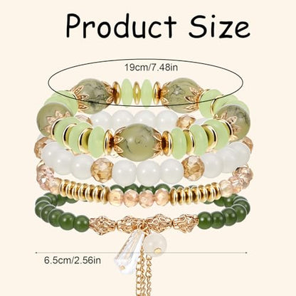 Ouligay 4PCS Green Bracelets for Women Boho Beaded Bracelets Set Crystal Bracelets Stackable Summer Jewelry Bracelets Beach Vacation Gifts