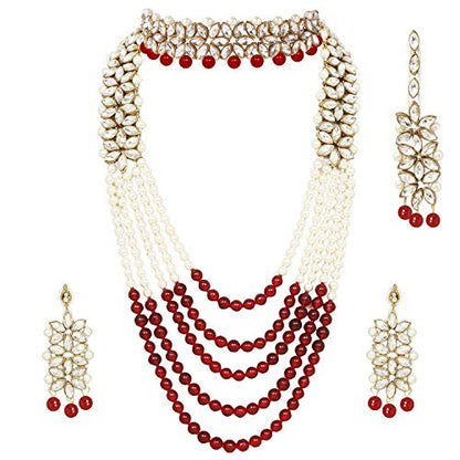 Aheli Wedding Party Wear Bridal Jewellery Choker Long Pearl Necklace Earrings Maang Tikka Indian Traditional Set Gift for Women - color: Maroon