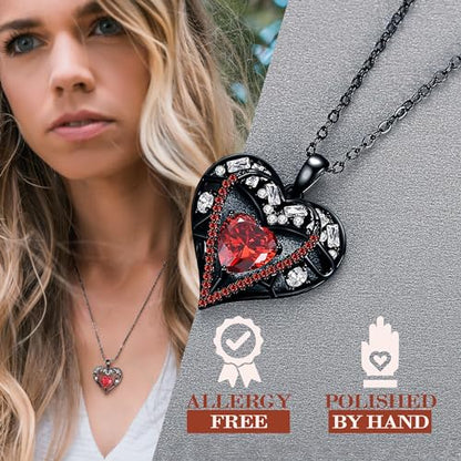 5 Heart I Love You Necklace for Women, Birthstone Crystal Pendant, Birthday Gift for Her, Wife, Mom, Rose Gold or Gunmetal Plated, 925 Sterling Silver Chain 18"+2" - color: 14-Ruby Garnet Red-GunMetal Plated