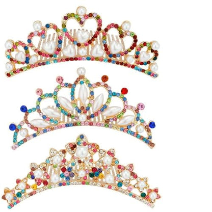 ANBALA Small Tiara Crown with Hair Comb, 3 Pack Mini Tiara Crown Crystal Hair Accessories Hair Styling (Gold + 7 Color Crystal) - color: Gold+7Color Crystal
