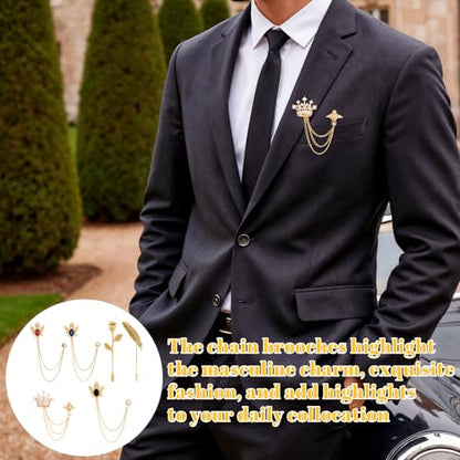 Yuanchu 6 PCS Brooch Pin, Crystal Crown Brooches Pins | Brooch Pin with Chain Tassel Rose Lapel Pins Suit Tuxedo Brooches for Men
