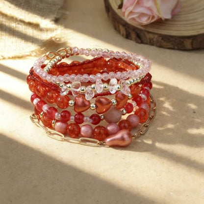 7PCS Boho Bohemia Multilayer Beaded Bracelet Set Stackable Crystal Bead Bracelets Heart Pearl Charms Multicolor Bohemian Stretch Bracelets for Women Summer Beach Jewelry Gifts - color: Red