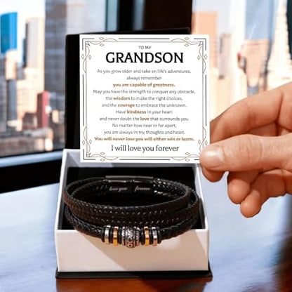 To My GrandSon Bracelet – Love You Forever Braided Leather Bracelet, Meaningful GrandSon Gift from Grandpa & Grandma with Heartfelt Message Card & Elegant Gift Box for Birthday, Christmas - color: Version#8