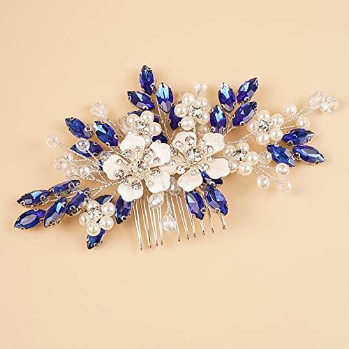 Kercisbeauty Flower Hair Comb for Women and Girls Wedding Bridal Crystal Hair Piece (Blue) - color: Blue