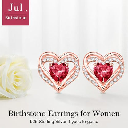 Iefil Birthstone Earrings for Women - 925 Sterling Silver Heart Stud Earrings Birthday Gifts for Women - color: Rose-Gold-Plated-07-Jul-Created Ruby