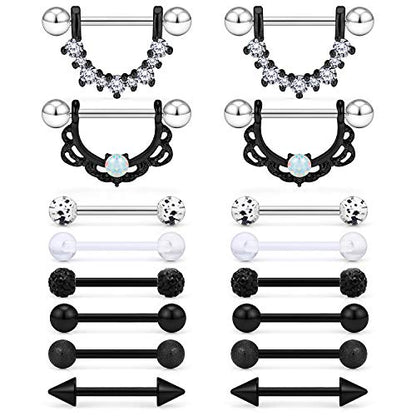 SCERRING 8 Pairs 14G Stainless Steel Clear CZ Nipple Ring Tongue Straight Barbell Rings Bars Retainer Body Piercing Jewelry for Women Men 9/16Inch - color: 8 Pairs - Black CZ
