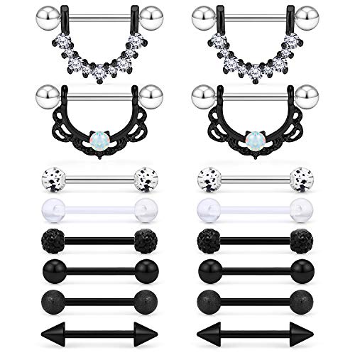 SCERRING 8 Pairs 14G Stainless Steel Clear CZ Nipple Ring Tongue Straight Barbell Rings Bars Retainer Body Piercing Jewelry for Women Men 9/16Inch - color: 8 Pairs - Black CZ