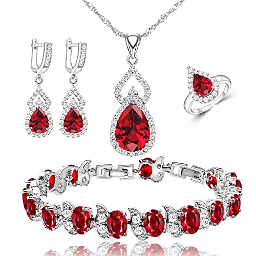 LMXXVJ Women Jewelry Set Platinum Plated Necklace Open Ring Earrings Bracelet Set,Birthday/Anniversary Mother’s Day Jewelry Gifts for Mom/Wife/Sister/Best Friend - color: Garnet Red
