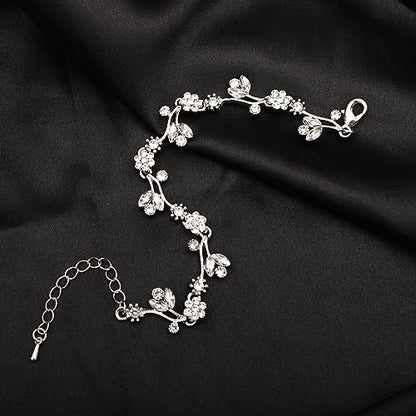 Elegant Brides Austrian Crystal Flower Choker Necklace Drop Dangle Earring Bracelet Wedding Jewelry Set for Bridesmaid Prom Costume Jewelry Set for Women - color: White-Platinum Plated