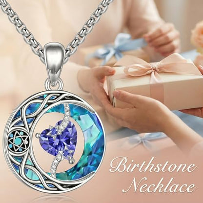 ONEFINITY Moon Star Necklace 18K White Gold Plated Celtic Moon Birthstone Pendant Necklaces Heart Birthstone Anniversary Birthday Jewelry Gifts for Women Wife Mom - style: December