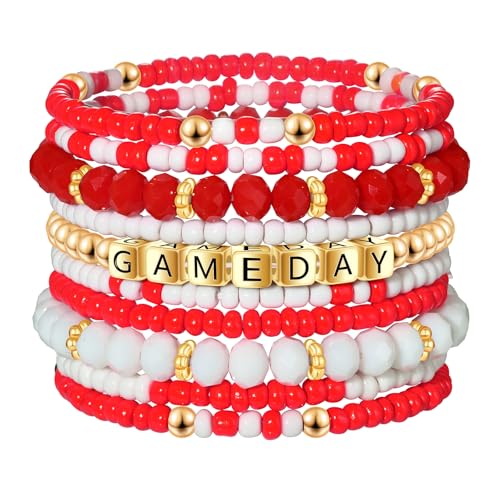 ZOLEAROPY Game Day Bracelets Stack Football Bracelets for Women Men Stackable Game day Bracelet Accessories Football Mom Outfit Jewelry Gifts - color: red white