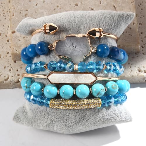 Yomisa 5PCS 6PCS Natural Boho Beaded Bracelets/Bangle for Women Men,Healing Turquoise Jasper Agate Crystal Gemstone Stone Chakra Multilayer Wrap Bohemian Handmade Jewelry Beads Stretch Bracelet Set - color: 6PCS-Sky blue