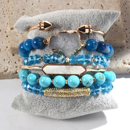 Yomisa 5PCS 6PCS Natural Boho Beaded Bracelets/Bangle for Women Men,Healing Turquoise Jasper Agate Crystal Gemstone Stone Chakra Multilayer Wrap Bohemian Handmade Jewelry Beads Stretch Bracelet Set - color: 6PCS-Sky blue