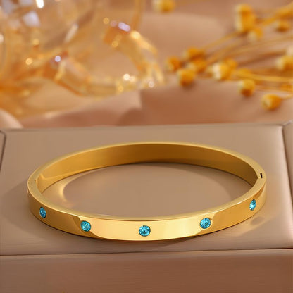 Women’s Gold Bracelet with Blue Crystals – Stainless Steel Slim Hinged Bangle
