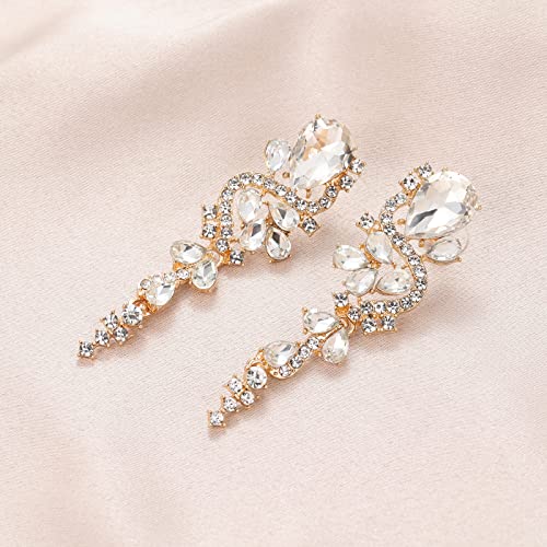 Fashion Rhinestone Statement Drop Dangle Earrings Long Colorful Crystal Bridal Wedding Teardrop Chandelier Earrings for Women Prom Pageant - color: Clear-gold