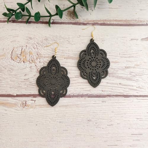 Boho Black Filigree Dangle Earrings for Women, Lightweight Hollow Lace Drop, Wood, 3.34" x 1.69", Bohemian Jewelry - color: Dark Grey