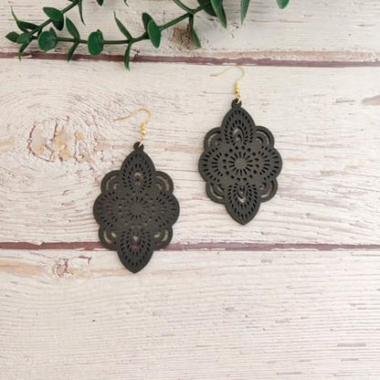 Boho Black Filigree Dangle Earrings for Women, Lightweight Hollow Lace Drop, Wood, 3.34" x 1.69", Bohemian Jewelry - color: Dark Grey