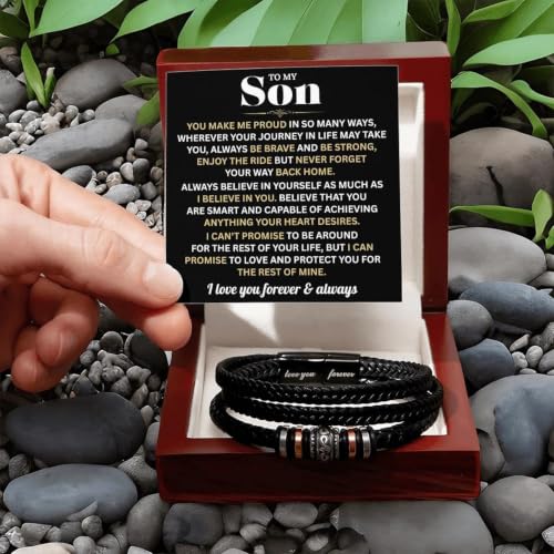 To My Son Bracelet FromMom and Dad with Heartfelt Message Card, Meaningful Love You Forever Braided Vegan Leather Mens Bracelet | Birthday, Valentines, Graduation Gifts From Parents, Leather Bracelet