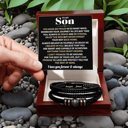 To My Son Bracelet FromMom and Dad with Heartfelt Message Card, Meaningful Love You Forever Braided Vegan Leather Mens Bracelet | Birthday, Valentines, Graduation Gifts From Parents, Leather Bracelet