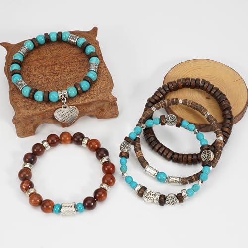 Boho Wooden Beads Bracelets Bohemian Bracelet Stack for Men Women Wood Beaded Bracelet Set - color: C