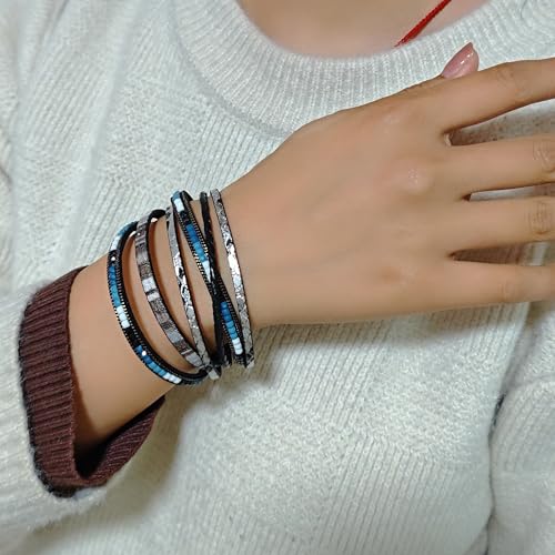 ZMANYIJEW Leather Wrap Bracelets for Women,Boho Cuff Bracelets Multi-Layer Crystal Beads Cuff Bracelet Multilayered Leopard Leather Braided Bangle Wrist Cuff Bangles - style: black