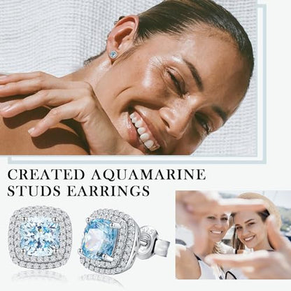 Dainty Birthstone Earrings for Women Sterling Silver Small Stud Earrings with Halo Cushion/Round Created Gemstone Earrings Birthstone Jewelry - style: A 03. Mar./created aquamarine-cushion cut