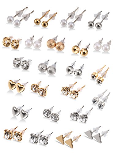 BBTO 24 Pairs Stud Earrings Crystal Pearl Earring Set Ear Stud Jewelry for Women Men - color: Sliver & Gold