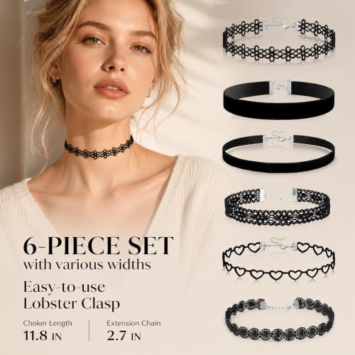D.Bella 6Pcs Black Lace Choker Necklace Set for Women Gothic Velvet Heart Flower Hollow Chokers Collar Necklace - color: A-6PCS