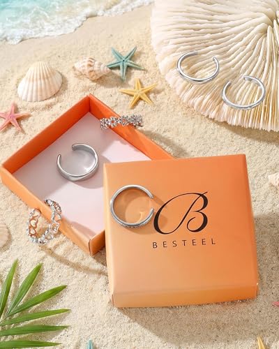 Besteel 6 PCS Toe Rings for Women - 14K Gold Filled Non Tarnish Waterproof | Adjustable Silver Toe Ring Simple Open Band Hug CZ Chunky Flower Toe Rings Set Trendy Summer Beach Foot Jewelry for Women - style: Silver: heart&flower toe ring